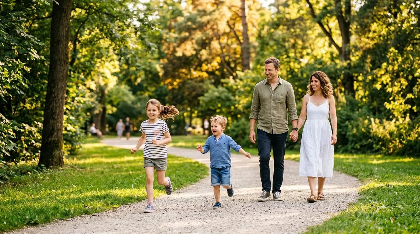 A family walking together in a sunny park
